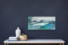Load image into Gallery viewer, Abstract painting of distant hills in hues of aqua, turquoise, green and grey. In situ on a navy wall.
