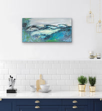 Load image into Gallery viewer, Abstract painting of distant hills in hues of aqua, turquoise, green and grey. In situ on a white wall.

