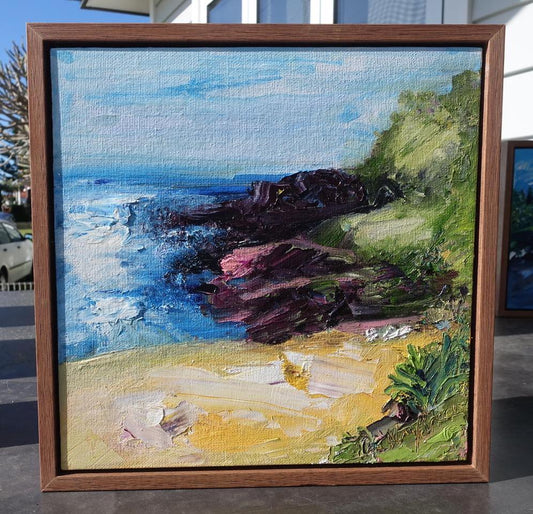 Abstract painting of the southern corner of Kendalls Beach, Kiama on the NSW South Coast. Framed in an oak float frame.