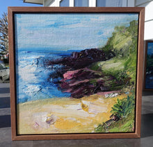 Load image into Gallery viewer, Abstract painting of the southern corner of Kendalls Beach, Kiama on the NSW South Coast. Framed in an oak float frame.
