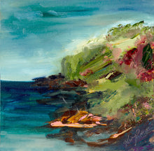 Load image into Gallery viewer, Colourful abstract painting of a headland at the southern end of Kendalls Beach, covered in grass and coastal flowers, above a sapphire and turquoise beach.
