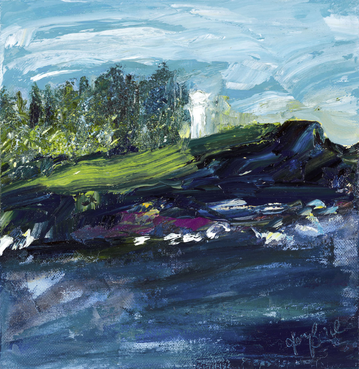 Abstract view of Kiama lighthouse in front of Norfolk Island Pines on a headland with a sapphire ocean.