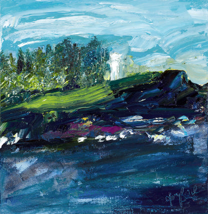 Abstract view of Kiama lighthouse in front of Norfolk Island Pines on a headland with a sapphire ocean.