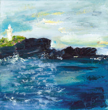 Load image into Gallery viewer, Kiama Lighthouse on a black rocky headland against a sapphire ocean and pastel sky
