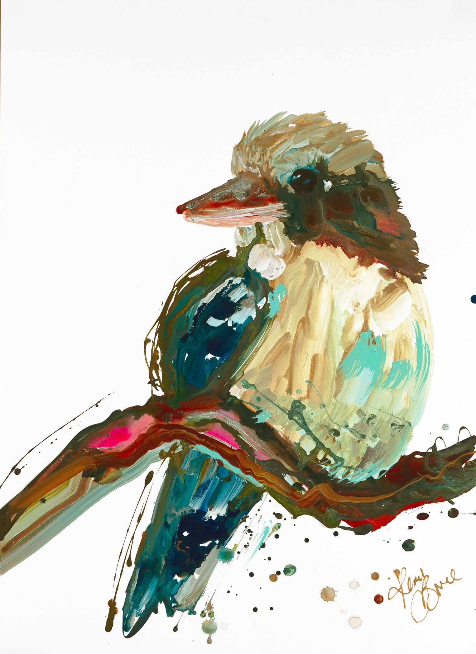 Kookaburra sitting on a branch painted in abstract style.