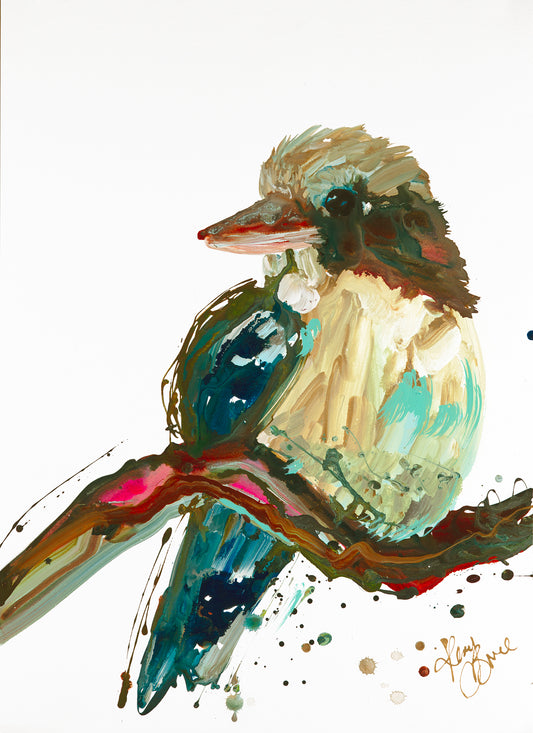 Kookaburra sitting on a branch painted in abstract style.