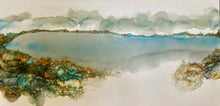 Load image into Gallery viewer, Ocean and beach scene with puffy clouds on the horizon and rocks in jewel like colours, painted in an abstract style.
