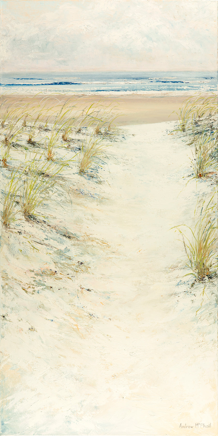 A beach track with white sand leading to the ocean and dune grasses on either side. Painted in soft pastel colours.