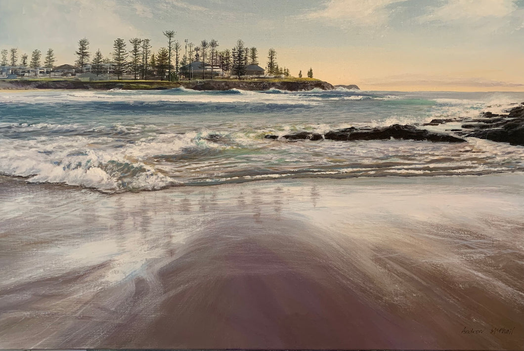 Surf Beach, Kiama NSW in the morning light, looking across to the pine trees on the northern headland.