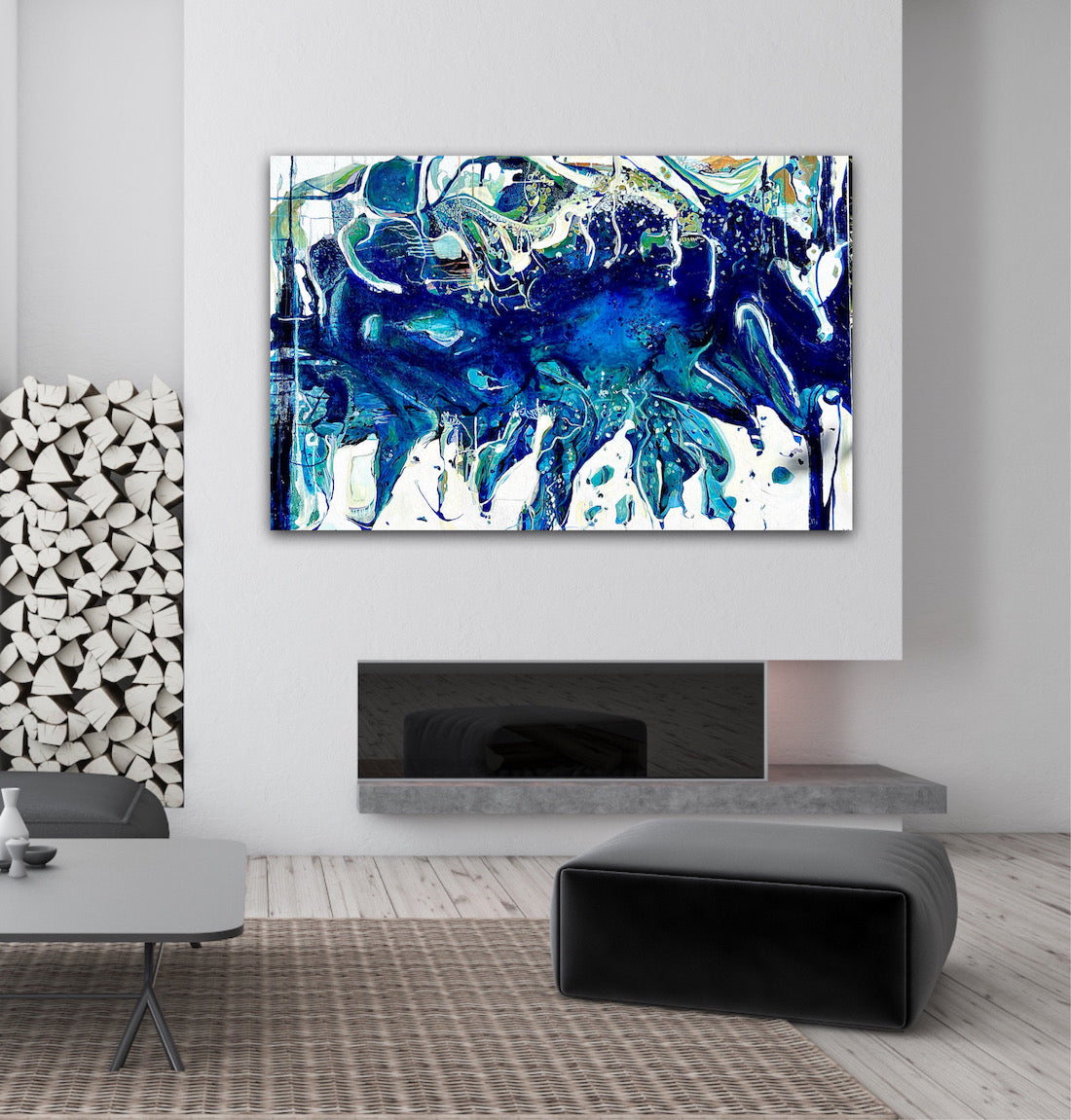 Abstract oil painting on a white background in shades of blue, white and green, above fireplace.