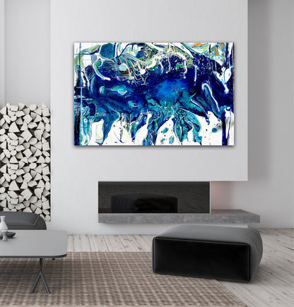 Abstract oil painting on a white background in shades of blue, white and green, above fireplace.