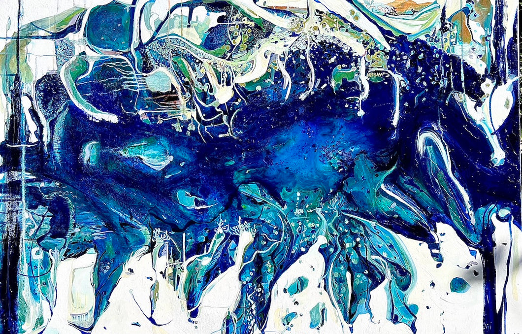 Abstract oil painting on a white background in shades of blue, white and green.