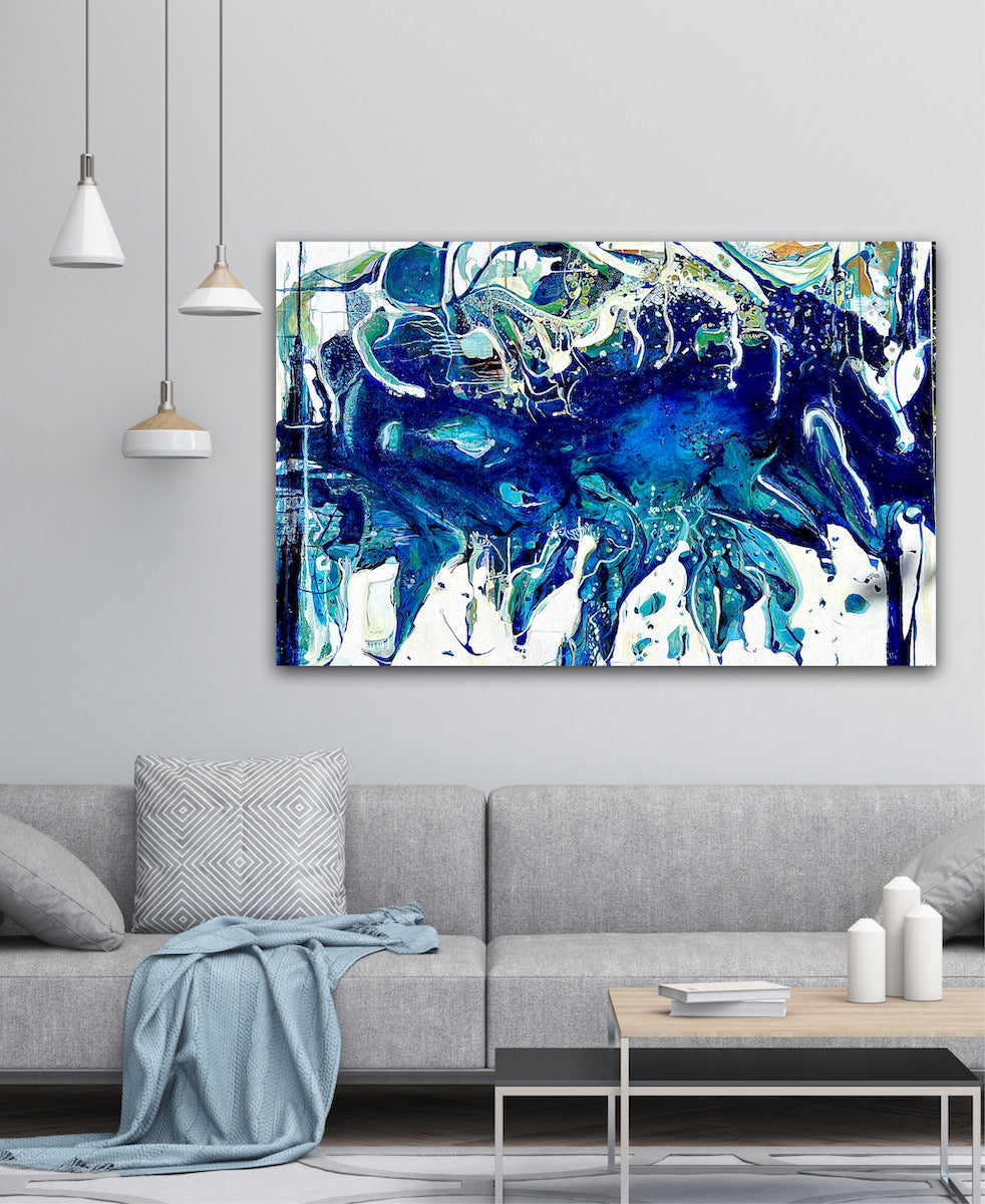Abstract oil painting on a white background in shades of blue, white and green, on grey wall.