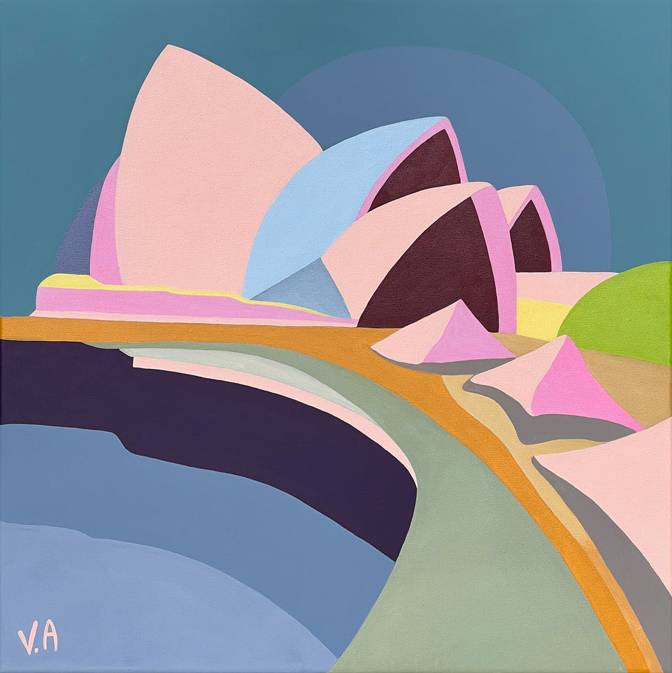 The Sydney Opera House painted in pinks and pastels.