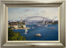 Load image into Gallery viewer, Sydney Harbour with Sydney Harbour Bridge in the background. Framed view.
