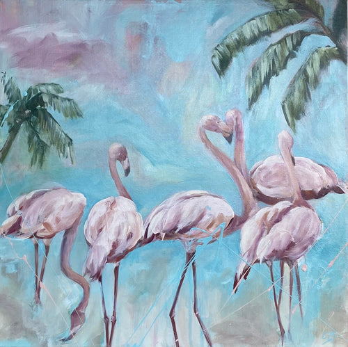 Five flamingos against an aqua blue background and two palm trees.