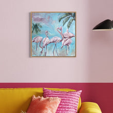 Load image into Gallery viewer, Five flamingos against an aqua blue background and two palm trees, on a pale pink wall.
