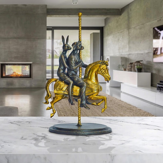 Gillie and Marc, Rabbitwoman and Dogman Go Round And Round,   Bronze with gold Patina- Limited Edition #  sculpture