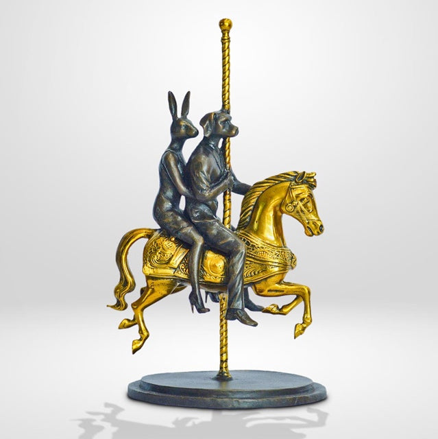 Gillie and Marc, Rabbitwoman and Dogman Go Round And Round,   Bronze with gold Patina- Limited Edition #  sculpture