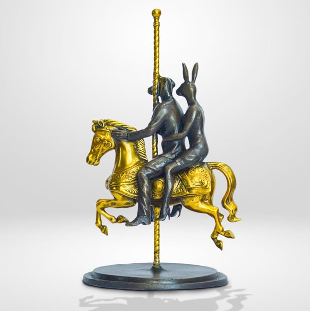 Gillie and Marc, Rabbitwoman and Dogman Go Round And Round,   Bronze with gold Patina- Limited Edition #  sculpture