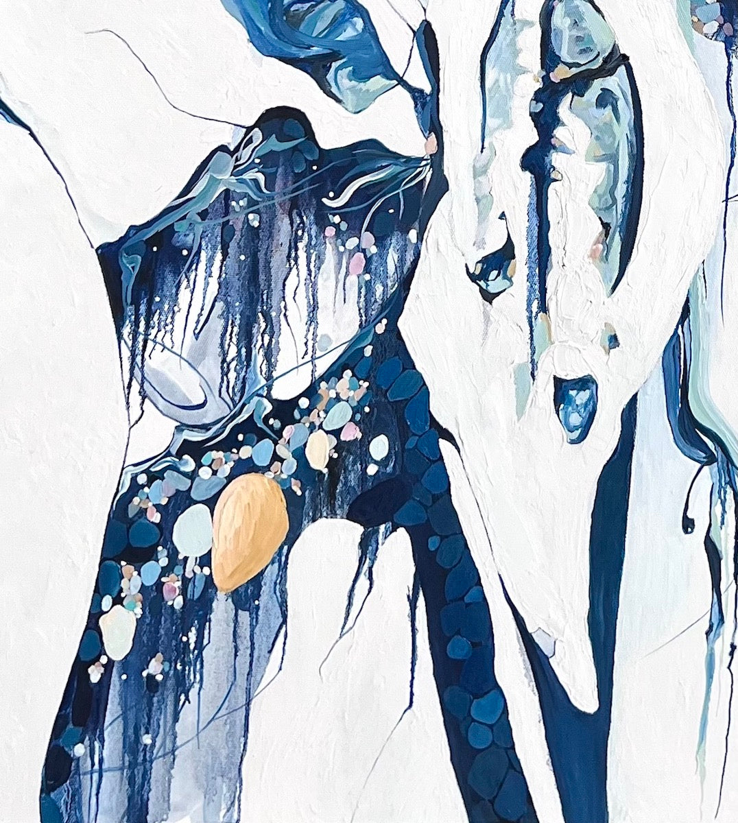 Abstract oil painting on a white background in light blue, mid blue and aqua with multicoloured pieces. Detail view.