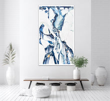 Load image into Gallery viewer, Abstract oil painting on a white background in light blue, mid blue and aqua with multicoloured detail. In situ on a white wall.
