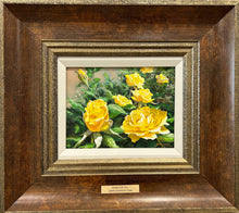 Load image into Gallery viewer, Yellow roses on a garden rose bush. Framed view.
