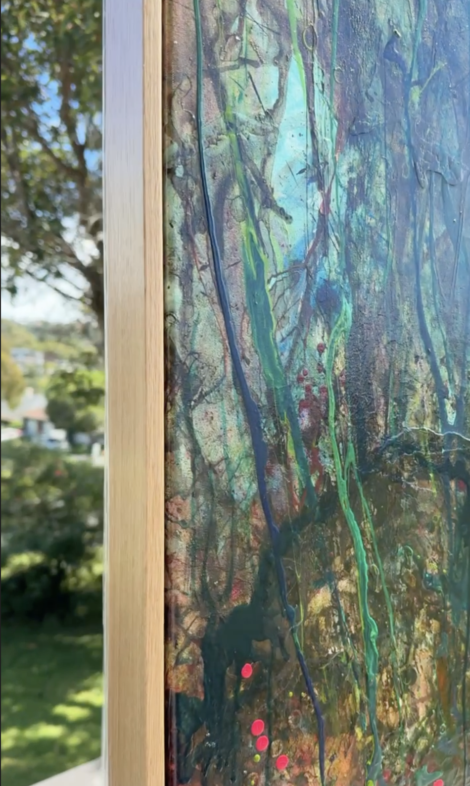Kerry Bruce,  Misty Morning, Acrylic on Canvas - Oak Float Frame