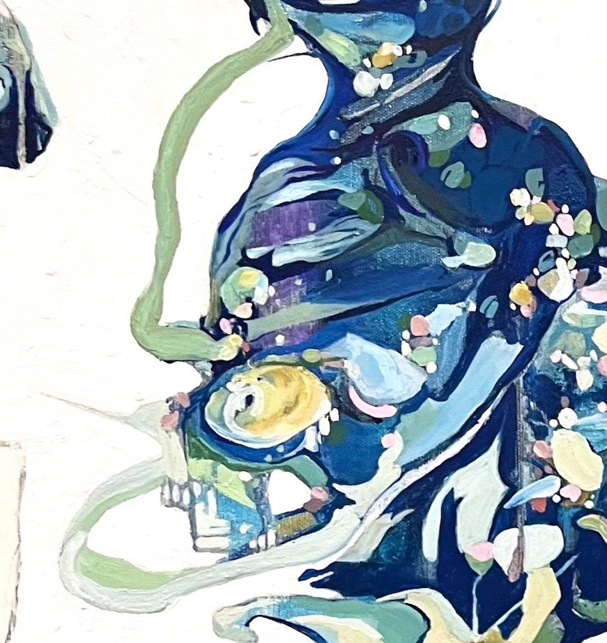 Oil painting on a white background with two abstract shapes in shades of blue and green. Detail view shown.