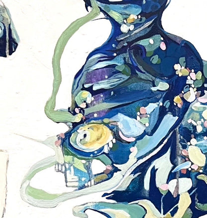 Oil painting on a white background with two abstract shapes in shades of blue and green. Detail view shown.