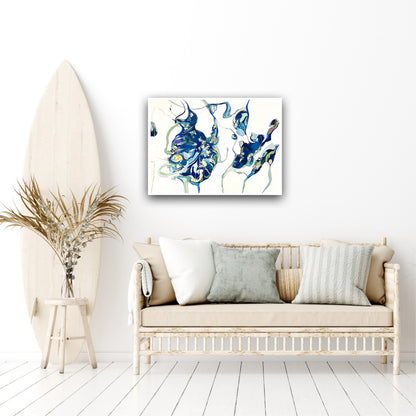 Oil painting on a white background with two abstract shapes in shades of blue and green on wall in sitting room.