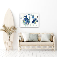 Load image into Gallery viewer, Oil painting on a white background with two abstract shapes in shades of blue and green on wall in sitting room.
