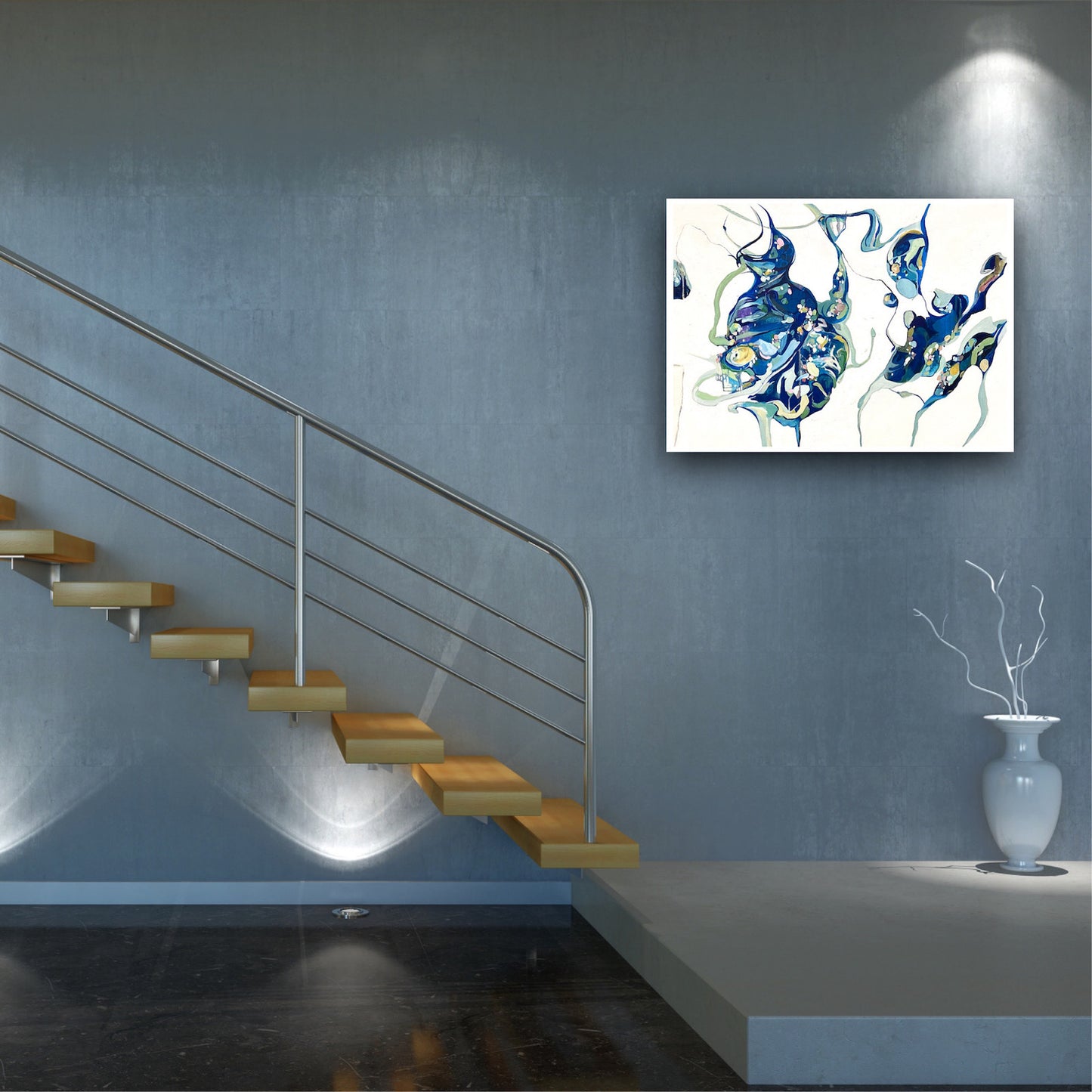 Oil painting on a white background with two abstract shapes in shades of blue and green on staircase wall.