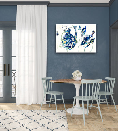 Oil painting on a white background with two abstract shapes in shades of blue and green on blue dining room wall.