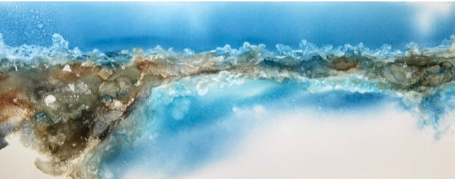 Ocean and beach scene in bright shade of aqua and white, painted in an abstract style.