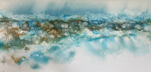 Jewel like aqua waves breaking on the shore, painted in an abstract style.