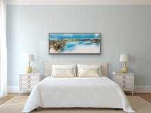 Load image into Gallery viewer, Ocean and beach scene in bright shade of aqua and white, painted in an abstract style. In situ on a bedroom wall.

