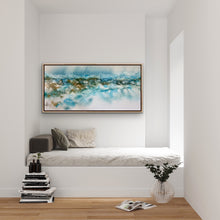 Load image into Gallery viewer, Jewel like aqua waves breaking on the shore, painted in an abstract style. In situ on a white wall above a day bed.

