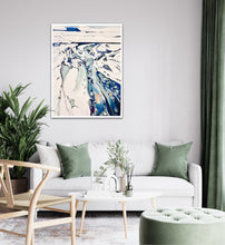 Load image into Gallery viewer, Original oil painting of an abstract rock pool with a white background, shades of blue and multicoloured pieces depicting rock pool pebbles. In situ on a sitting room wall.

