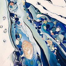 Load image into Gallery viewer, Original oil painting of an abstract rock pool with a white background, shades of blue and multicoloured pieces depicting rock pool pebbles. Detail view.
