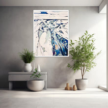 Load image into Gallery viewer, Original oil painting of an abstract rock pool with a white background, shades of blue and multicoloured pieces depicting rock pool pebbles. In situ on a pale grey wall.
