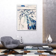 Load image into Gallery viewer, Original oil painting of an abstract rock pool with a white background, shades of blue and multicoloured pieces depicting rock pool pebbles. In situ on a white wall.
