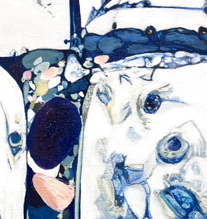 Abstract oil painting on a white background in shades of blue. Detail view.