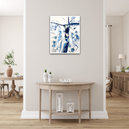 Abstract oil painting on a white background in shades of blue. Shown on a dividing wall.