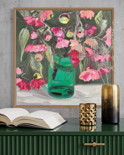 Kerry Bruce, Blossoms in Green Vase, Acrylic on Canvas