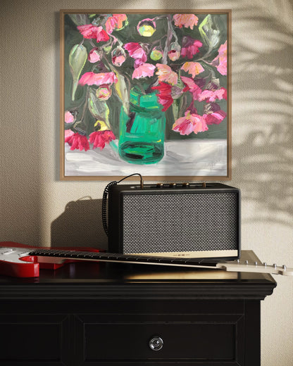 Kerry Bruce, Blossoms in Green Vase, Acrylic on Canvas