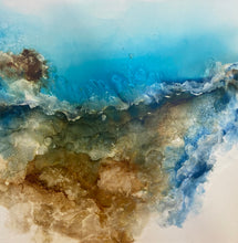 Load image into Gallery viewer, Rocky coastal headland painted in an abstract style, showing the ocean in a bright aqua with white sand.
