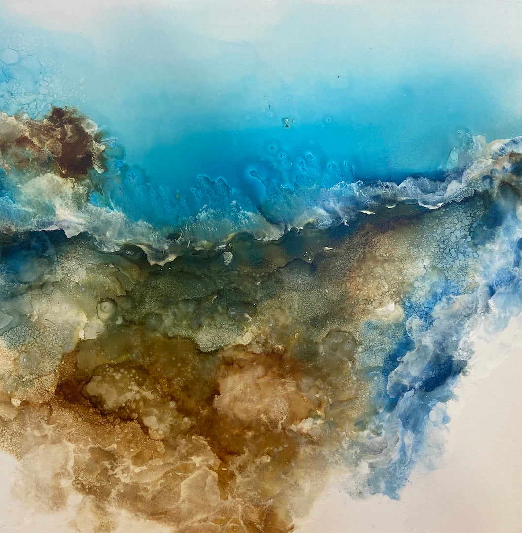 Rocky coastal headland painted in an abstract style, showing the ocean in a bright aqua with white sand.