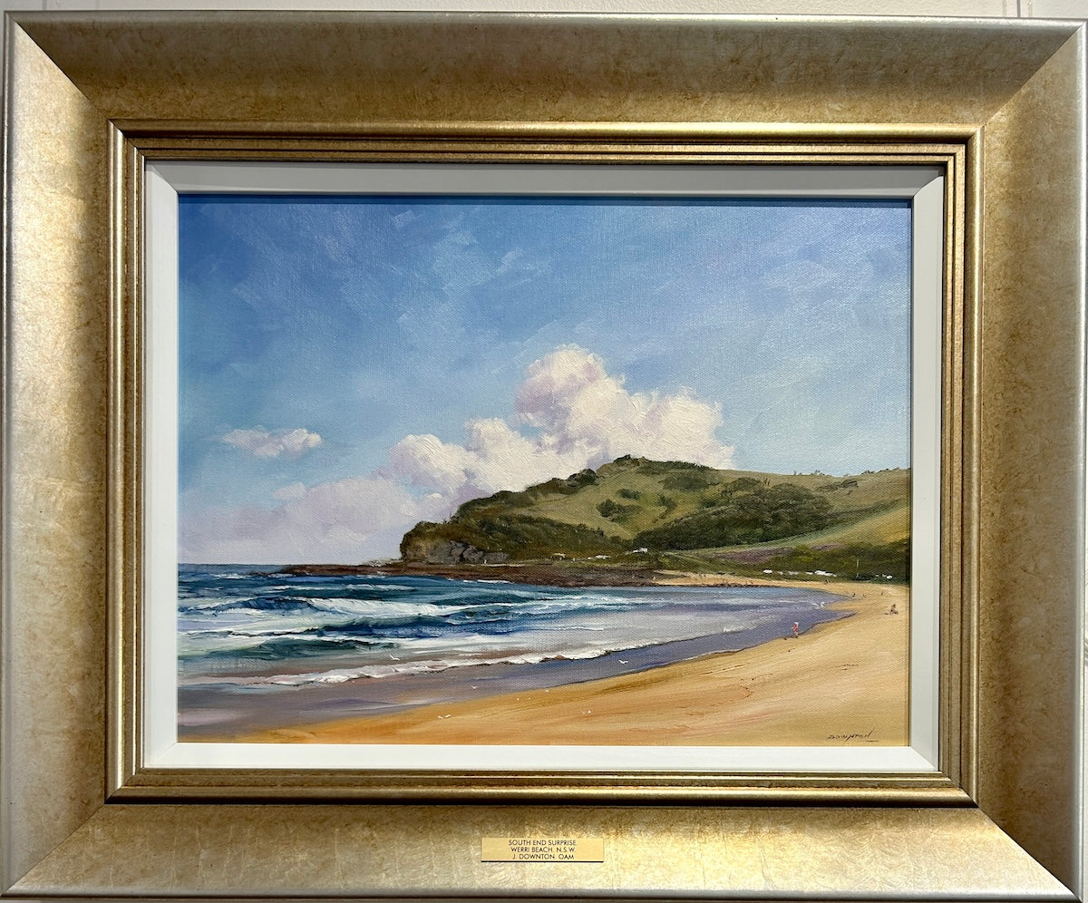 Werri Beach, Gerringong NSW showing the pretty southern corner of the beach. Framed view.