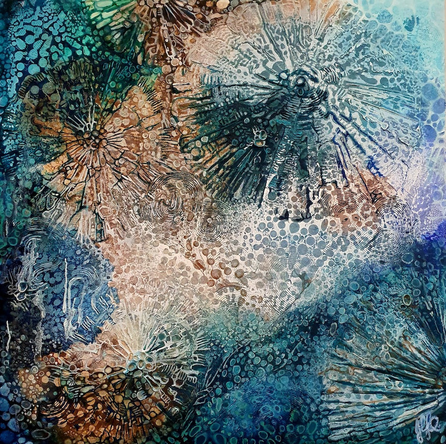 Underwater scene painted in shades of aqua, turquoise and tan.